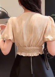 French Champagne V Neck Puff Sleeve Patchwork Silk Top