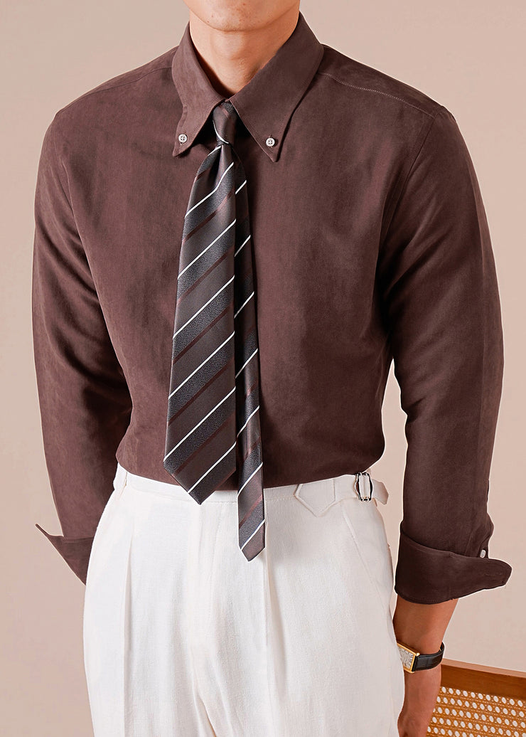 French Chocolate Peter Pan Collar Button Cotton Mens Shirts Fall