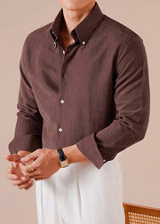 French Chocolate Peter Pan Collar Button Cotton Mens Shirts Fall