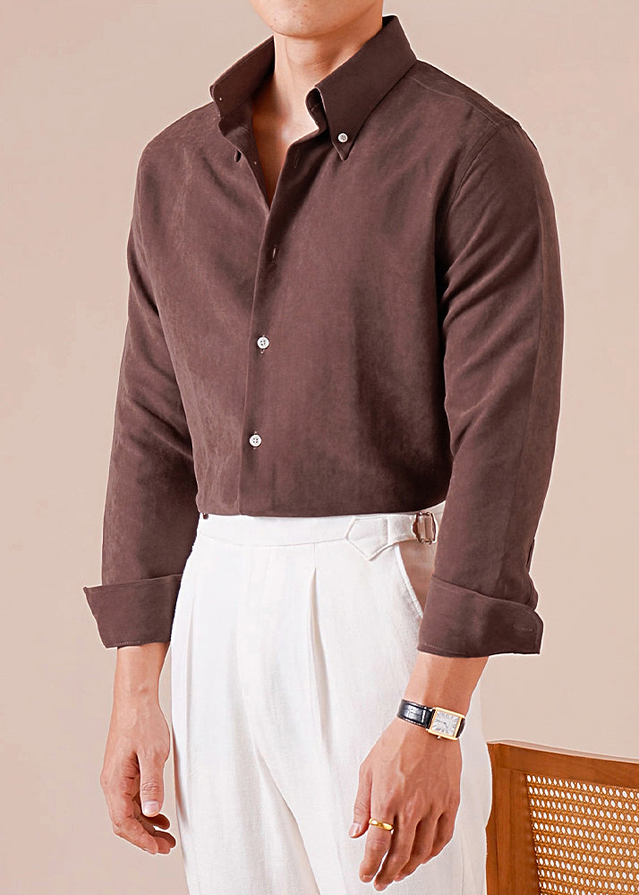 French Chocolate Peter Pan Collar Button Cotton Mens Shirts Fall