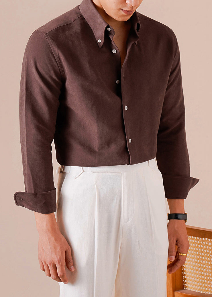 French Chocolate Peter Pan Collar Button Cotton Mens Shirts Fall