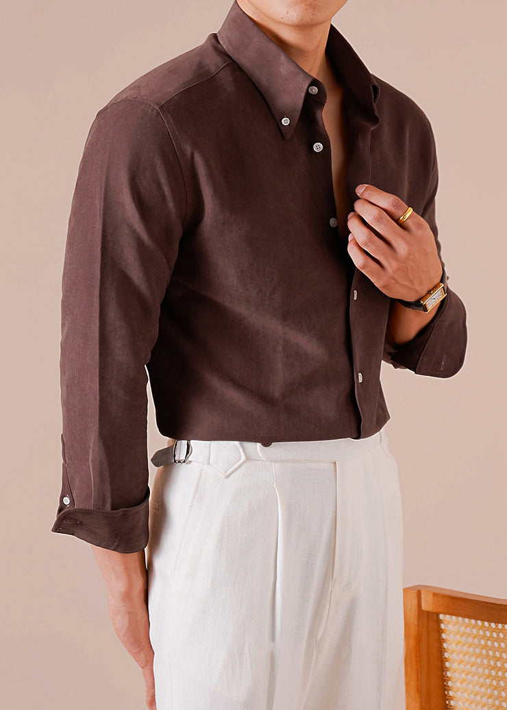 French Chocolate Peter Pan Collar Button Cotton Mens Shirts Fall