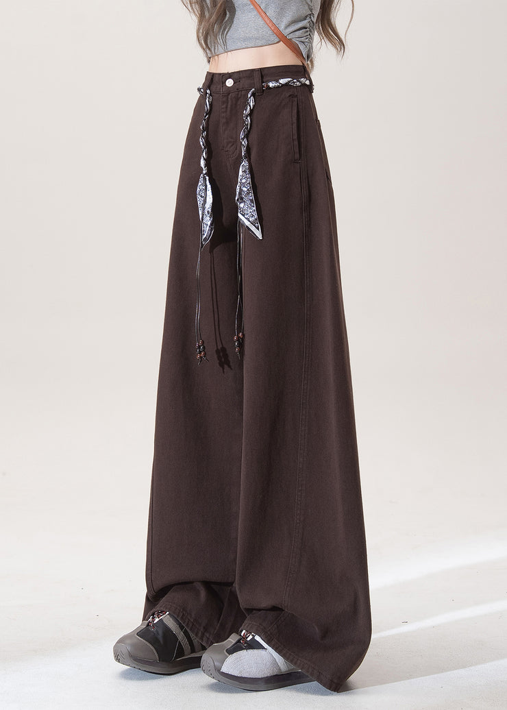 French Chocolate Pockets High Waist Denim Straight Pants Fall