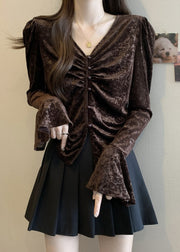 French Chocolate Side Open Button Silk Velour Shirt Flare Sleeve