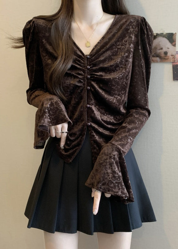 French Chocolate Side Open Button Silk Velour Shirt Flare Sleeve