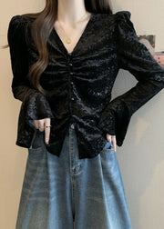 French Chocolate Side Open Button Silk Velour Shirt Flare Sleeve
