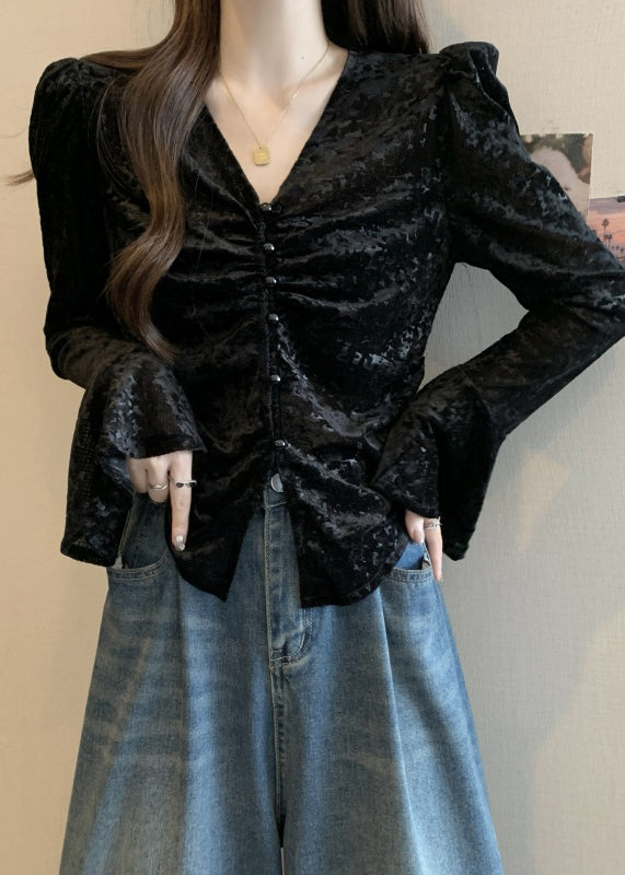 French Chocolate Side Open Button Silk Velour Shirt Flare Sleeve