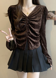 French Chocolate Side Open Button Silk Velour Shirt Flare Sleeve