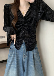 French Chocolate Side Open Button Silk Velour Shirt Flare Sleeve