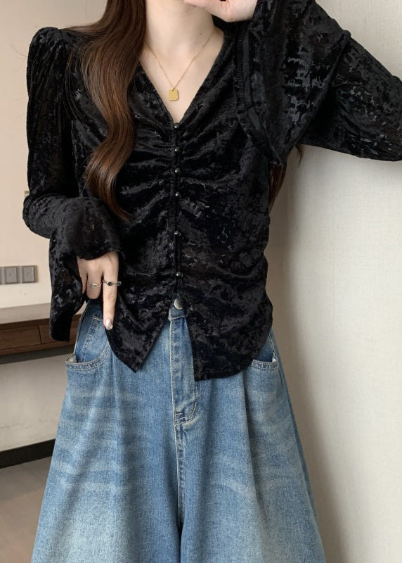 French Chocolate Side Open Button Silk Velour Shirt Flare Sleeve