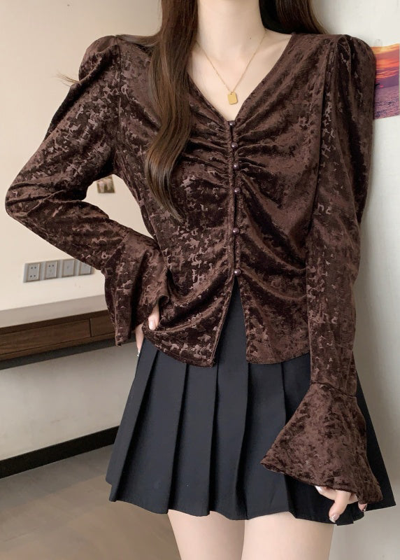 French Chocolate Side Open Button Silk Velour Shirt Flare Sleeve