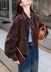 French Chocolate Stand Collar Oversized Denim Coat Spring