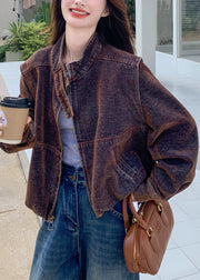 French Chocolate Stand Collar Oversized Denim Coat Spring