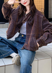 French Chocolate Stand Collar Oversized Denim Coat Spring