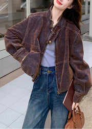 French Chocolate Stand Collar Oversized Denim Coat Spring