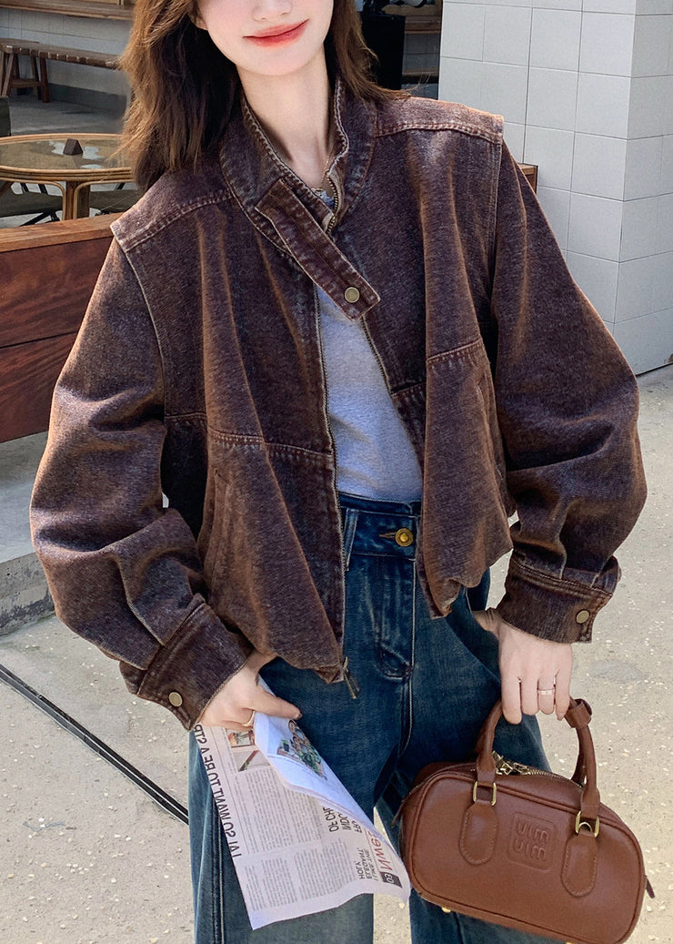 French Chocolate Stand Collar Oversized Denim Coat Spring