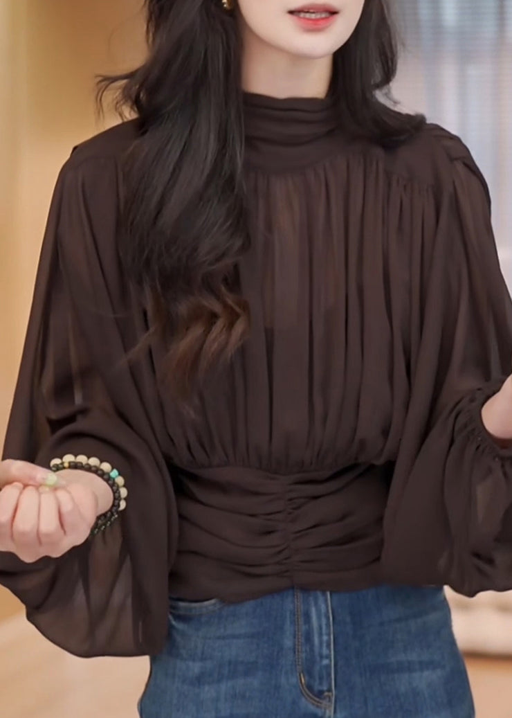 French Chocolate Stand Collar Wrinkled Chiffon Shirt Lantern Sleeve