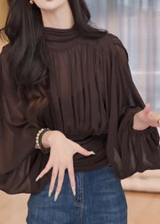 French Chocolate Stand Collar Wrinkled Chiffon Shirt Lantern Sleeve
