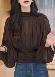 French Chocolate Stand Collar Wrinkled Chiffon Shirt Lantern Sleeve