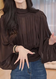 French Chocolate Stand Collar Wrinkled Chiffon Shirt Lantern Sleeve