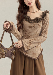 French Coffee Asymmetrical Floral Cotton Women Sets 2 Pieces Fall