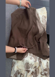 French Coffee Button Waistcoat And Print Skirts Cotton Two Pieces Set Sleeveless