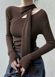 French Coffee Cold Shoulder Knit Top Fall