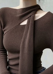 French Coffee Cold Shoulder Knit Top Fall