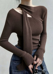 French Coffee Cold Shoulder Knit Top Fall