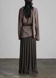 French Coffee Concave Strip Elastic Waist Knit Skirts Autumn