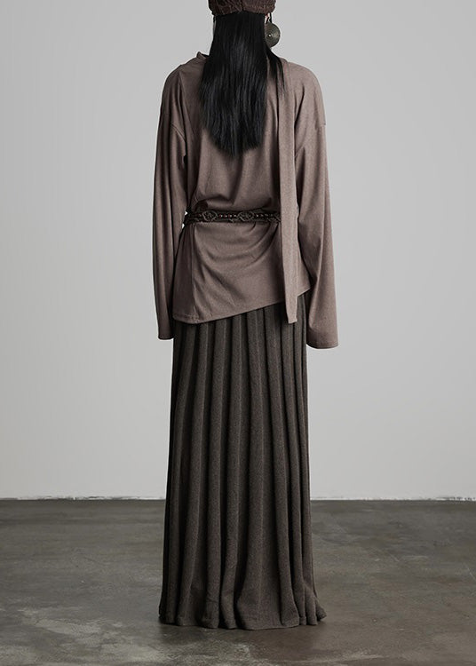 French Coffee Concave Strip Elastic Waist Knit Skirts Autumn