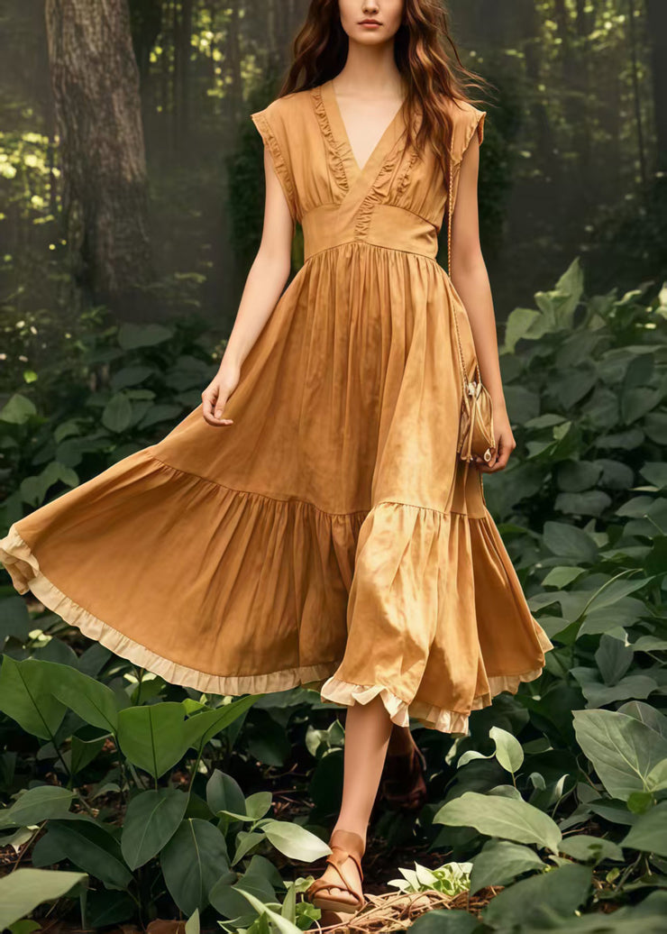 French Coffee Exra Large Hem Wrinkled Cotton Dresses Sleeveless