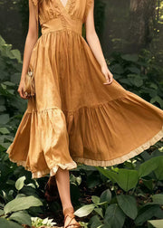 French Coffee Exra Large Hem Wrinkled Cotton Dresses Sleeveless