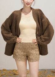French Coffee Oversized Sequins Knit Cardigans Fall
