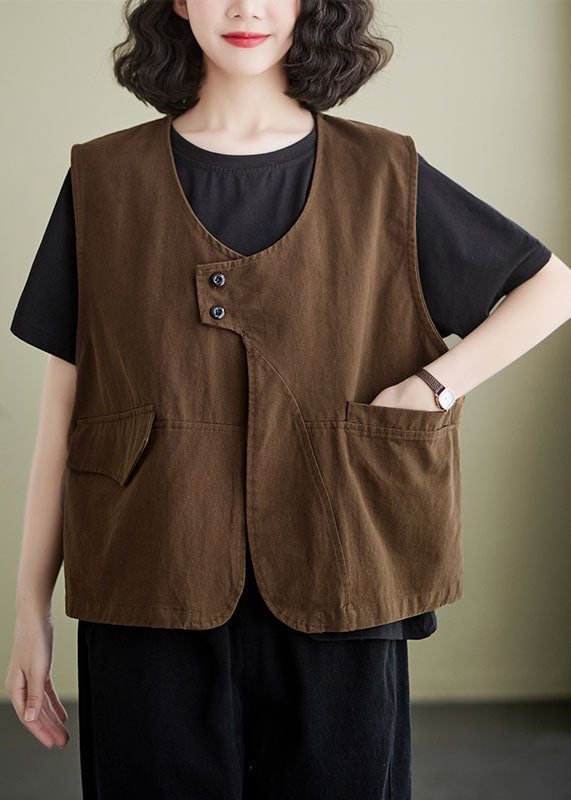 French brown Pockets Patchwork Cotton Vest Sleeveless