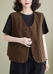 French brown Pockets Patchwork Cotton Vest Sleeveless
