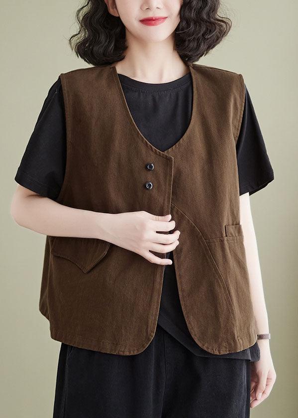 French brown Pockets Patchwork Cotton Vest Sleeveless