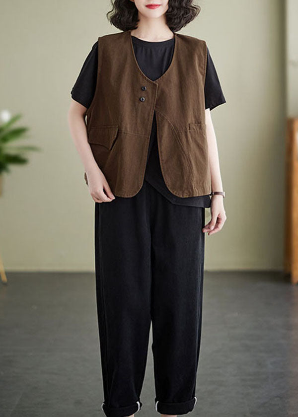 French brown Pockets Patchwork Cotton Vest Sleeveless