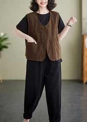 French brown Pockets Patchwork Cotton Vest Sleeveless