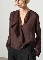 French Coffee Ruffled Patchwork Solid Shirts Fall