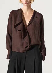 French Coffee Ruffled Patchwork Solid Shirts Fall