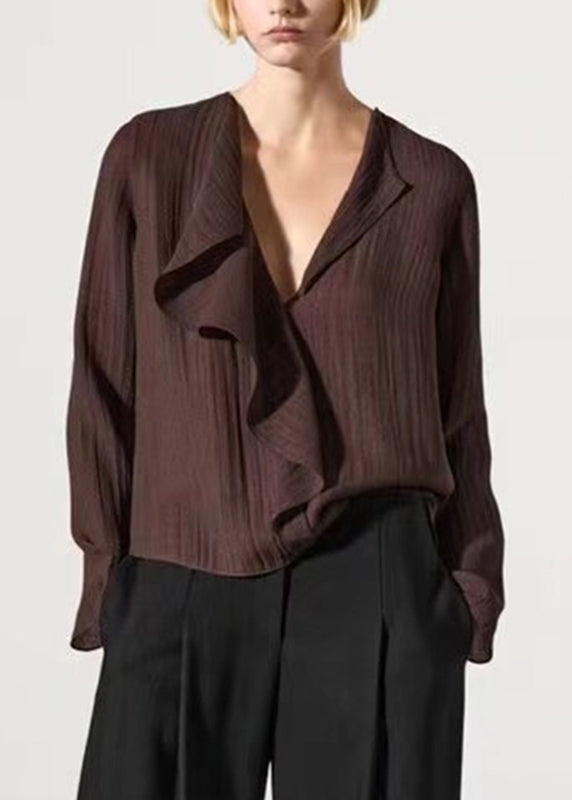 French Coffee Ruffled Patchwork Solid Shirts Fall