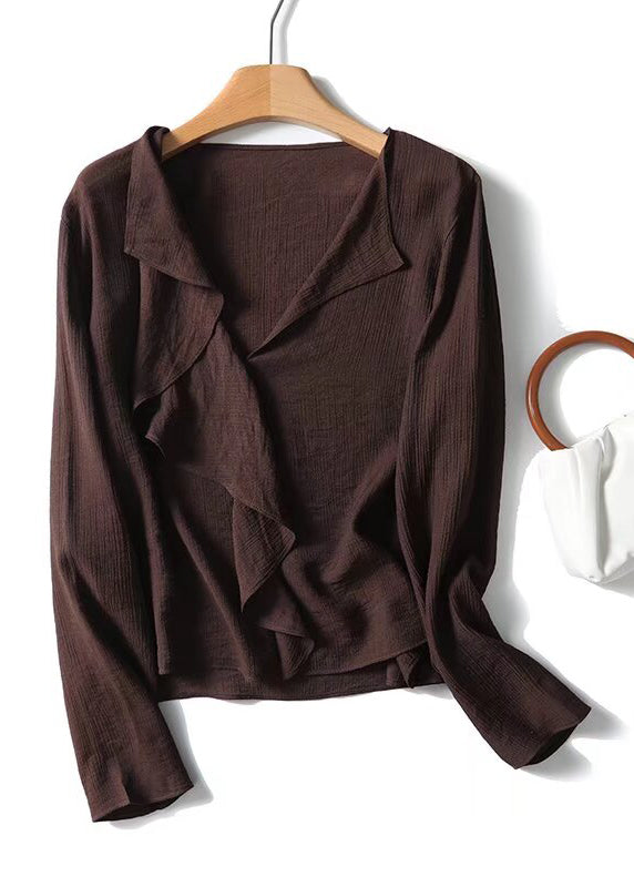 French Coffee Ruffled Patchwork Solid Shirts Fall