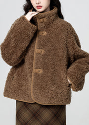 French Coffee Stand Collar Button Fluffy Wear On Both Sides Faux Suede Coats Winter