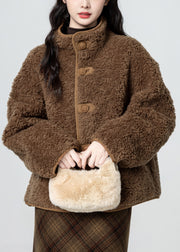 French Coffee Stand Collar Button Fluffy Wear On Both Sides Faux Suede Coats Winter