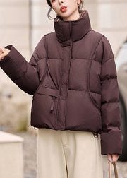 French Coffee Stand Collar Patchwork Plaid Duck Down Jacket Winter