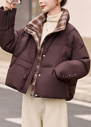 French Coffee Stand Collar Patchwork Plaid Duck Down Jacket Winter