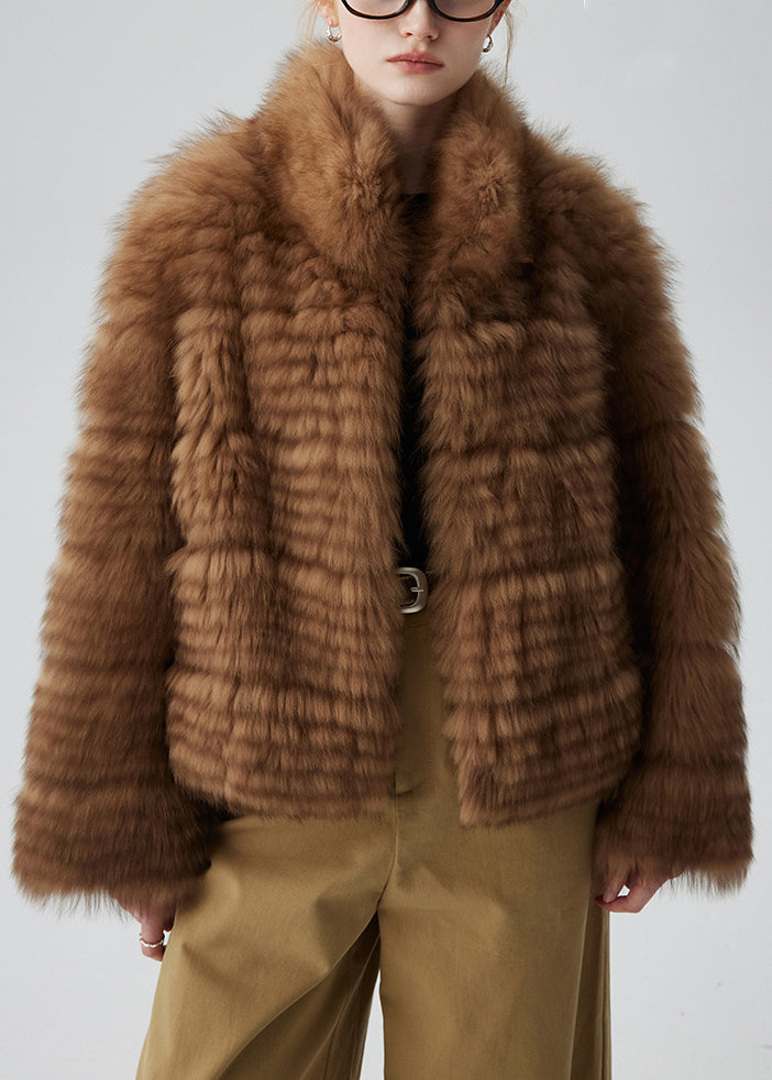 French Coffee Stand Collar Pockets Leather And Fur Coats Winter