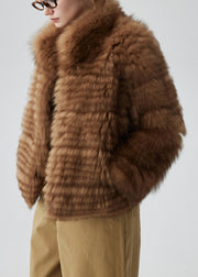 French Coffee Stand Collar Pockets Leather And Fur Coats Winter