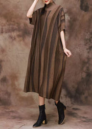 French Coffee Striped Turtleneck Patchwork Cashmere Dress Spring